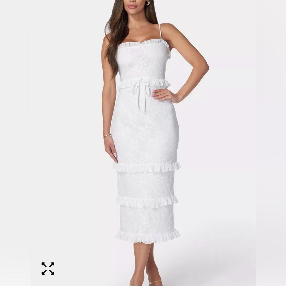 bebe White Floral Lace Midi Dress Women's Tiered Ruffle S NWT